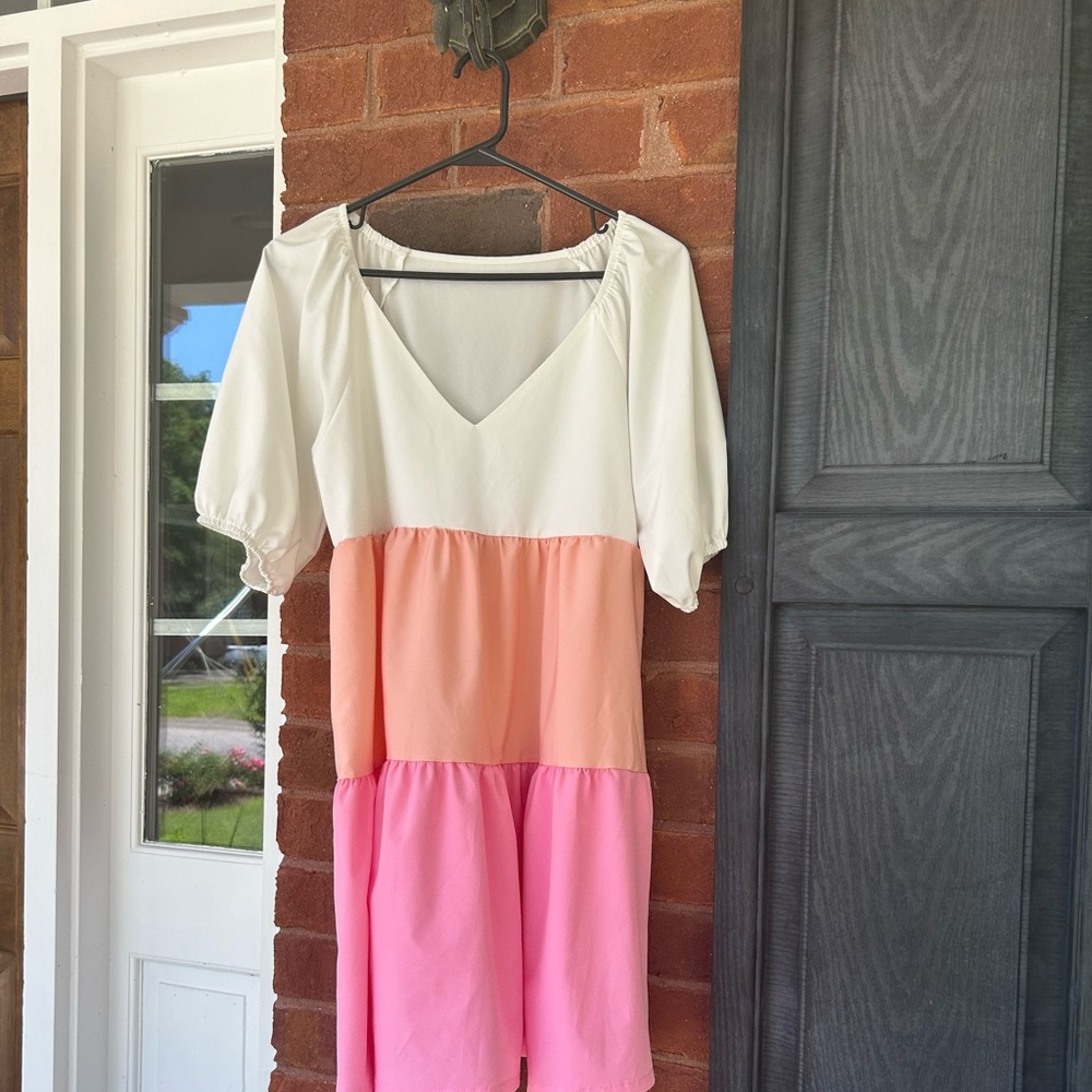 Size small color block, half sleeve dress. Pink peach, and white.